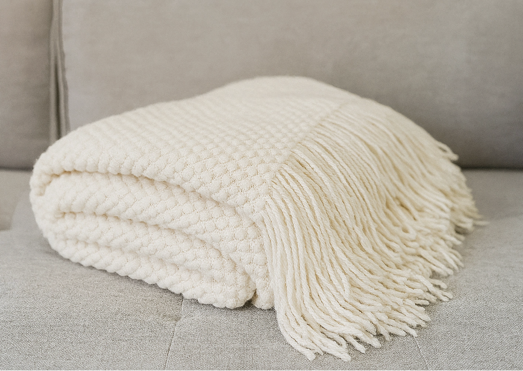 Knit Textured Ivory Throw Blanket with Fringe (50x60")